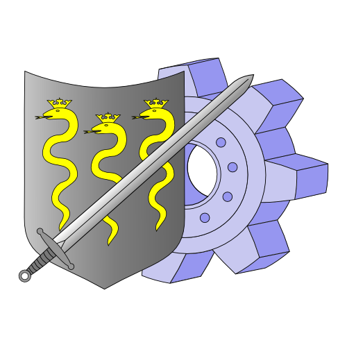 LDMud logo: an emblem with three snakes, on the left behind that emblem a cogwheel. In front of both is a sword.